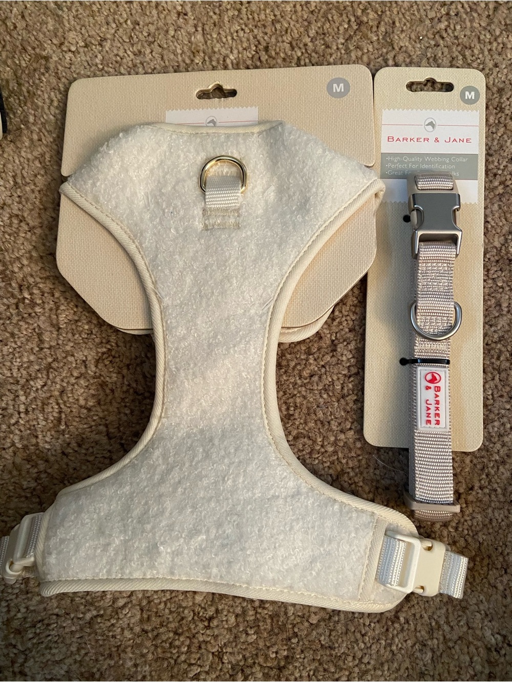 Cream Plush Dog Harness and Collar Set - Medium